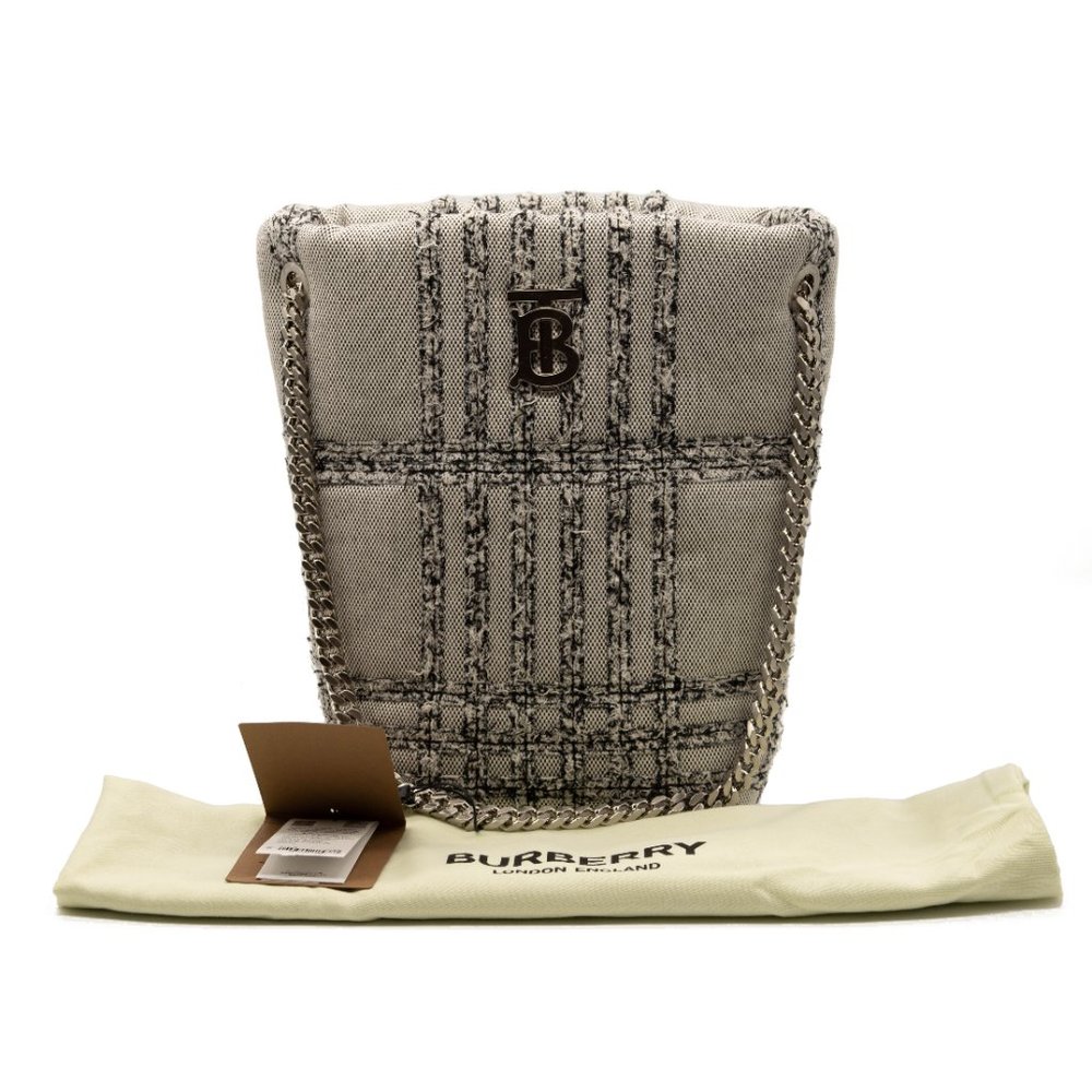 Burberry Small Lola Needle Punch Check Canvas Bucket Bag Black/White - Picture 2 of 12